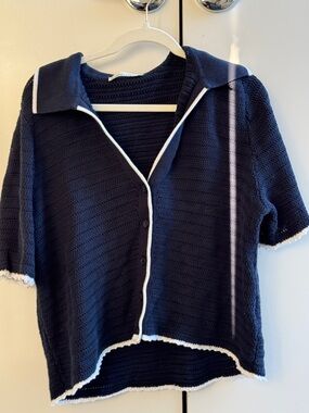 A&F Navy Short Sleeve Knit Cardigan with White Trim